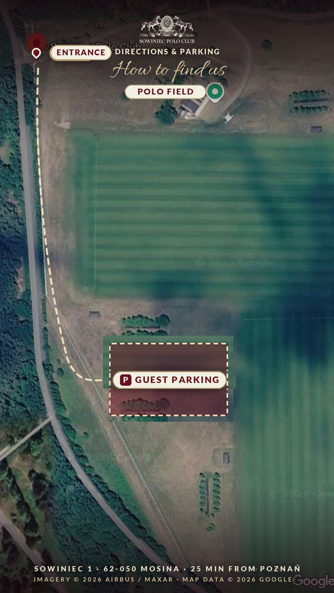 Route map: entrance, guest parking and the polo field