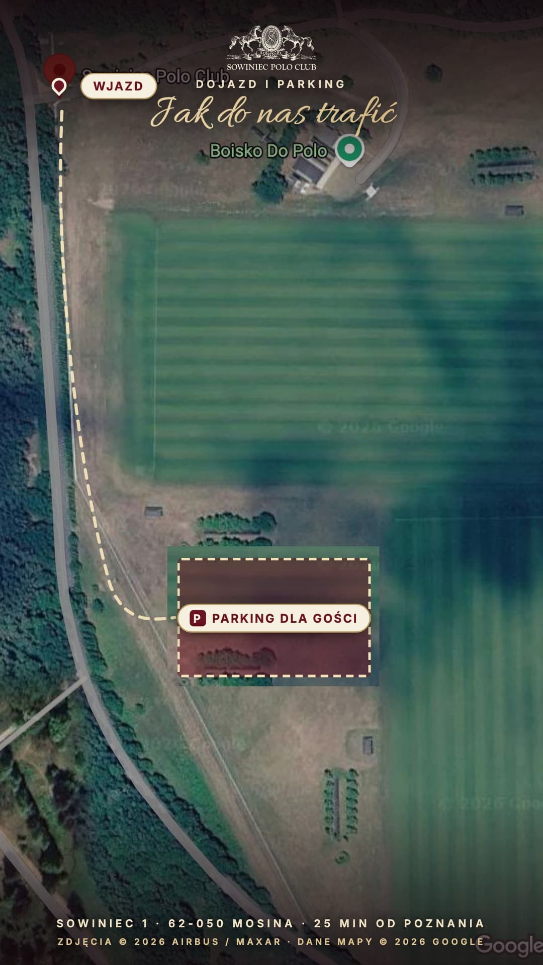 Mapa dojazdu: wjazd, parking dla gości i boisko do polo